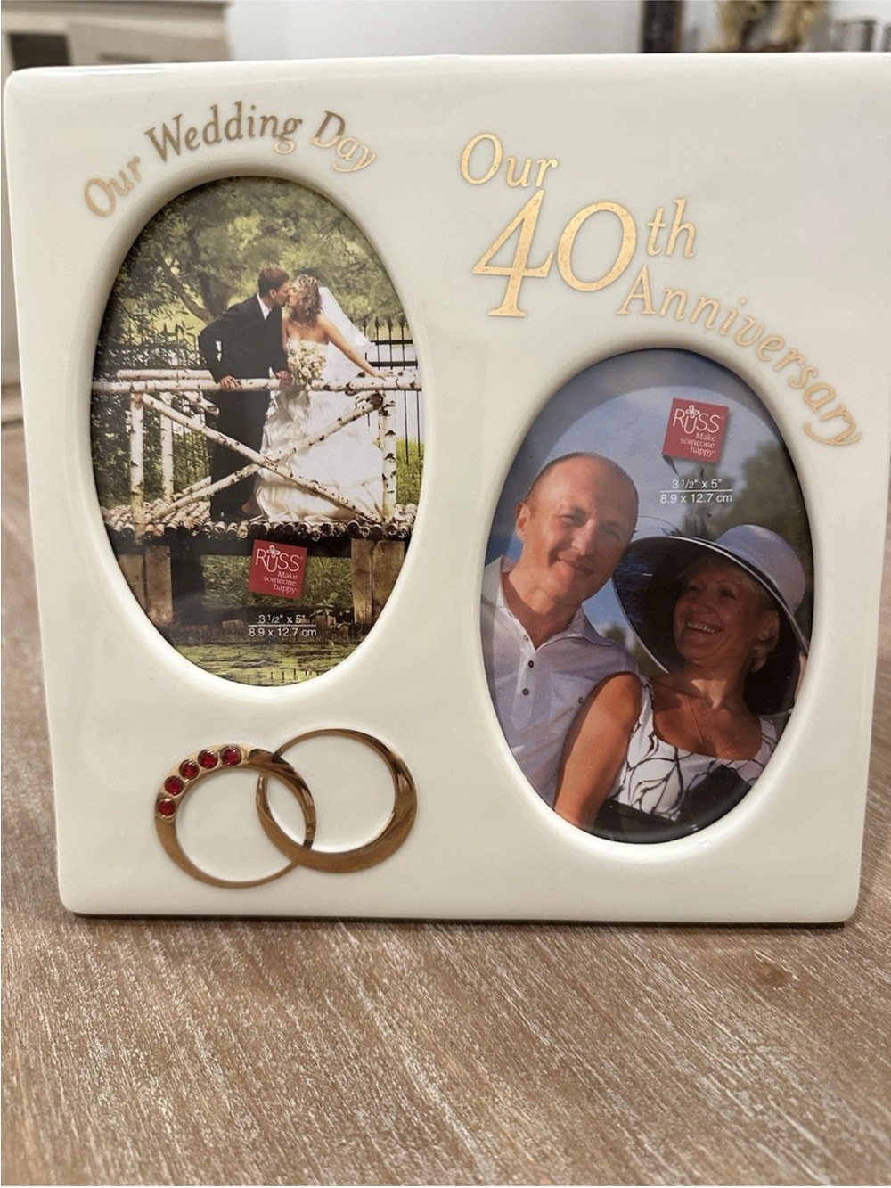 VTG Russ Berrie Ceramic 40th Wedding Anniv “Then & Now” Double Picture Frame